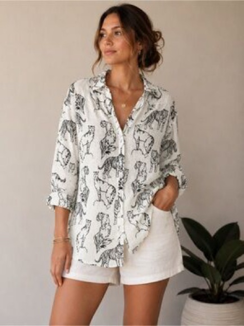Cynthia Rowley Black & White Tiger Print Linen Shirt